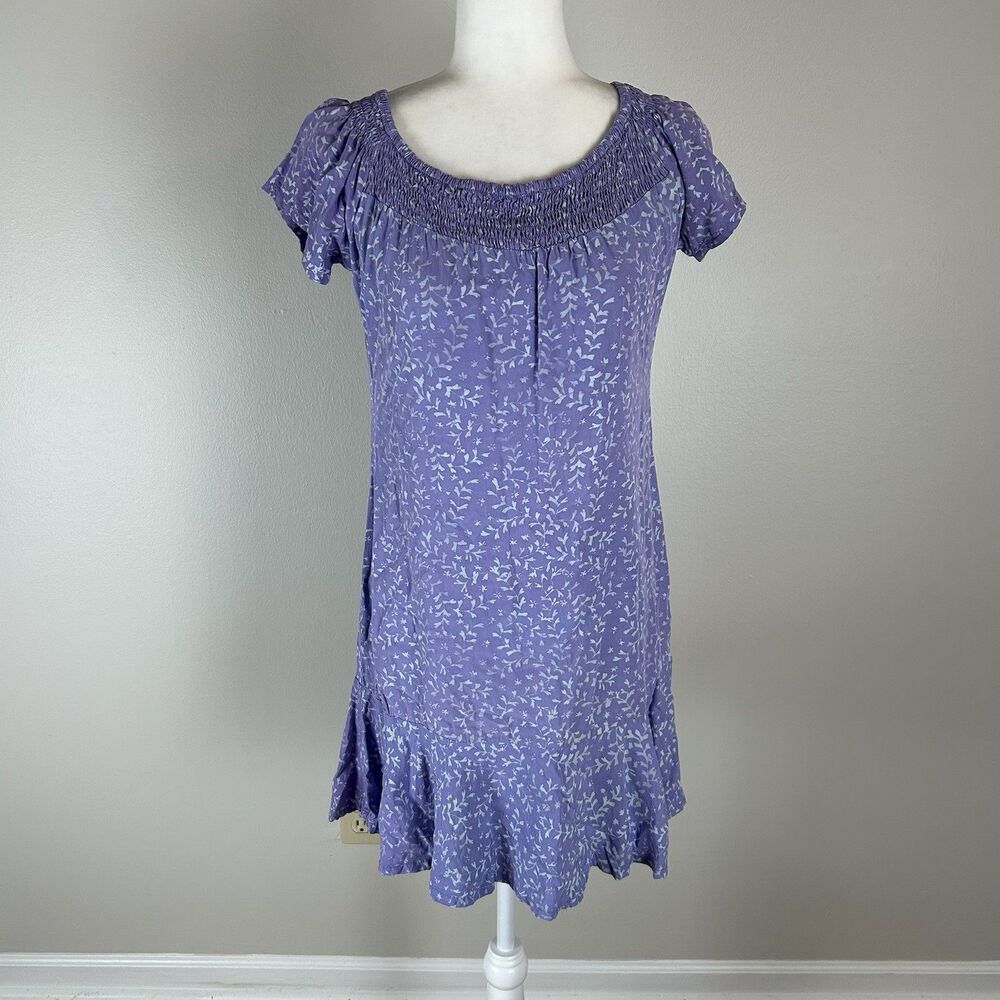 GO FISH Mini Dress XS SMOCK Beach Hippie Boho Floral Purple Ruffle Shift Short